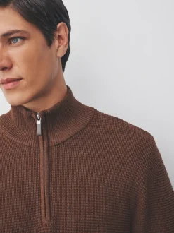 Tan Brown Plain N.Premium Regular Fit Cotton Rich Textured Premium Quarter Zip Jumper