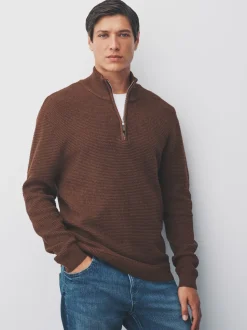 Tan Brown Plain N.Premium Regular Fit Cotton Rich Textured Premium Quarter Zip Jumper