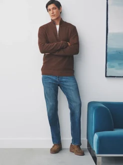 Tan Brown Plain N.Premium Regular Fit Cotton Rich Textured Premium Quarter Zip Jumper