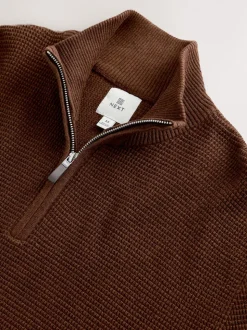 Tan Brown Plain N.Premium Regular Fit Cotton Rich Textured Premium Quarter Zip Jumper