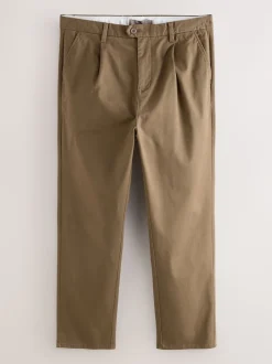 Tan Brown Regular Tapered Fit Single Pleated Stretch Chinos Trousers