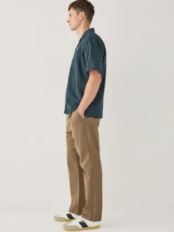 Tan Brown Regular Tapered Fit Single Pleated Stretch Chinos Trousers