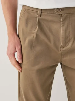 Tan Brown Regular Tapered Fit Single Pleated Stretch Chinos Trousers