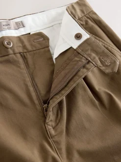 Tan Brown Regular Tapered Fit Single Pleated Stretch Chinos Trousers