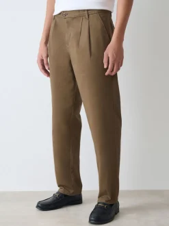 Tan Brown Relaxed Tapered Fit Twin Pleated Stretch Chinos Trousers