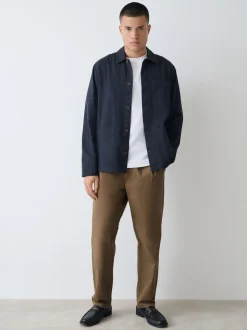 Tan Brown Relaxed Tapered Fit Twin Pleated Stretch Chinos Trousers