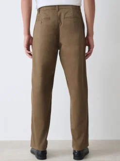 Tan Brown Relaxed Tapered Fit Twin Pleated Stretch Chinos Trousers