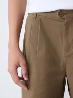 Tan Brown Relaxed Tapered Fit Twin Pleated Stretch Chinos Trousers