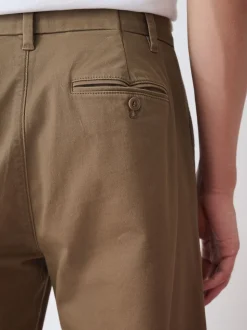 Tan Brown Relaxed Tapered Fit Twin Pleated Stretch Chinos Trousers