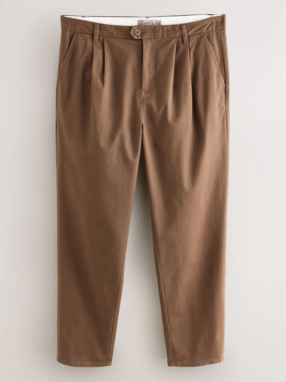 Tan Brown Relaxed Tapered Fit Twin Pleated Stretch Chinos Trousers