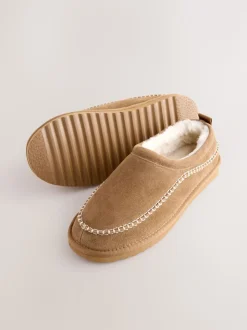 Tan Brown Signature Suede Stitch Detail Slippers