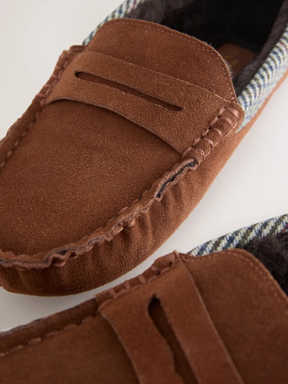 Tan Brown Signature Suede Fabric Trim Moccasin Slippers