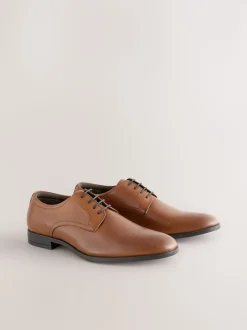 Tan Brown Standard Fit Leather Plain Derby Shoes