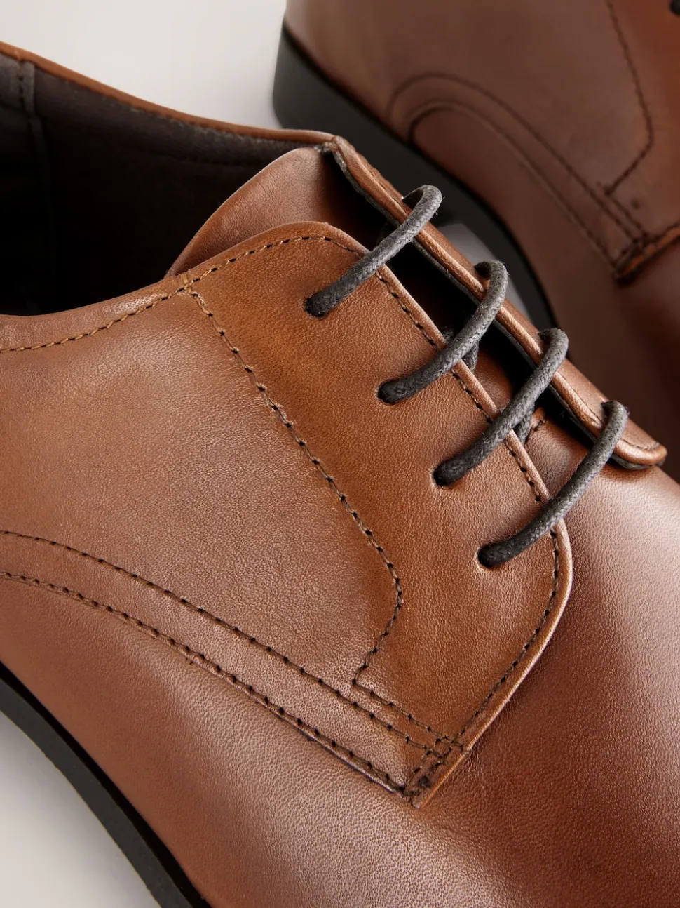 Tan Brown Standard Fit Leather Plain Derby Shoes