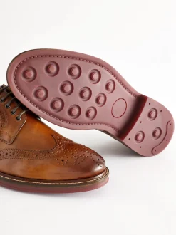 Tan Brown Standard Fit Leather Contrast Sole Chunky Brogues Shoes