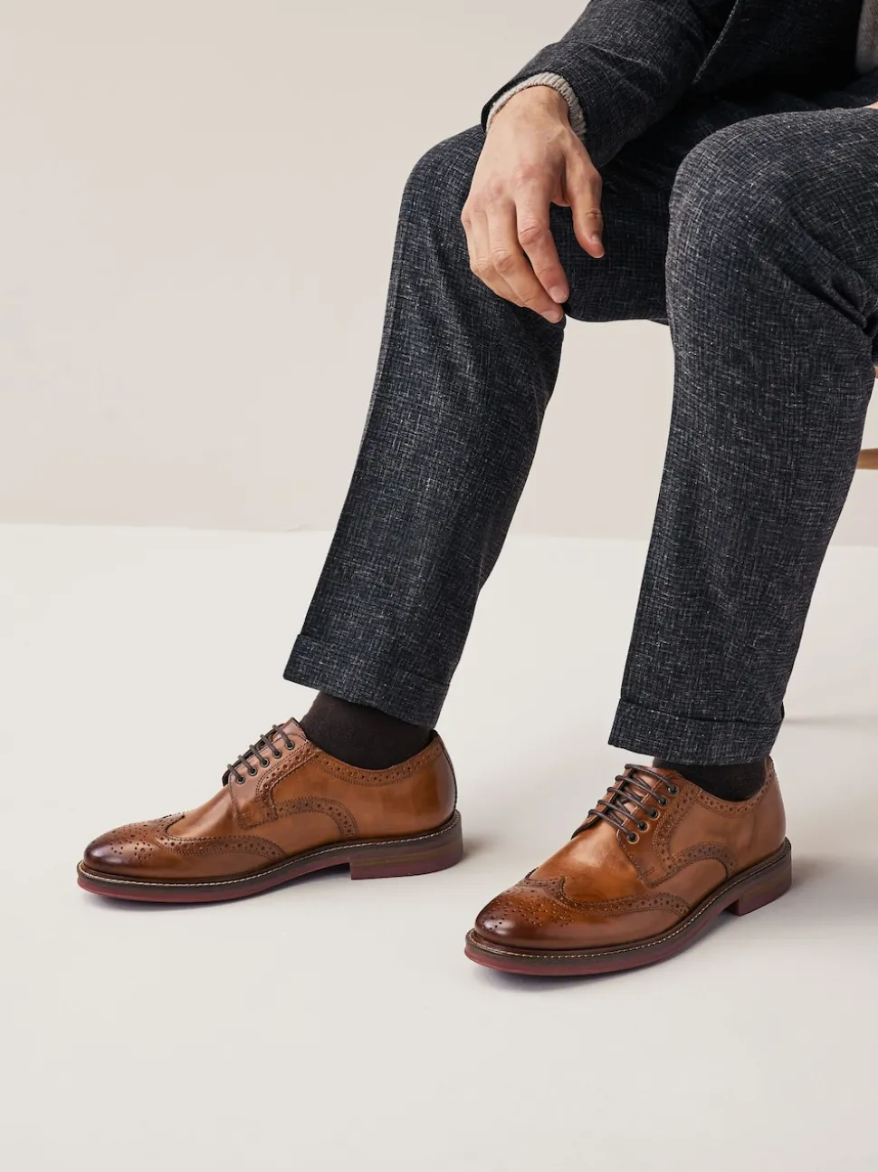 Tan Brown Standard Fit Leather Contrast Sole Chunky Brogues Shoes