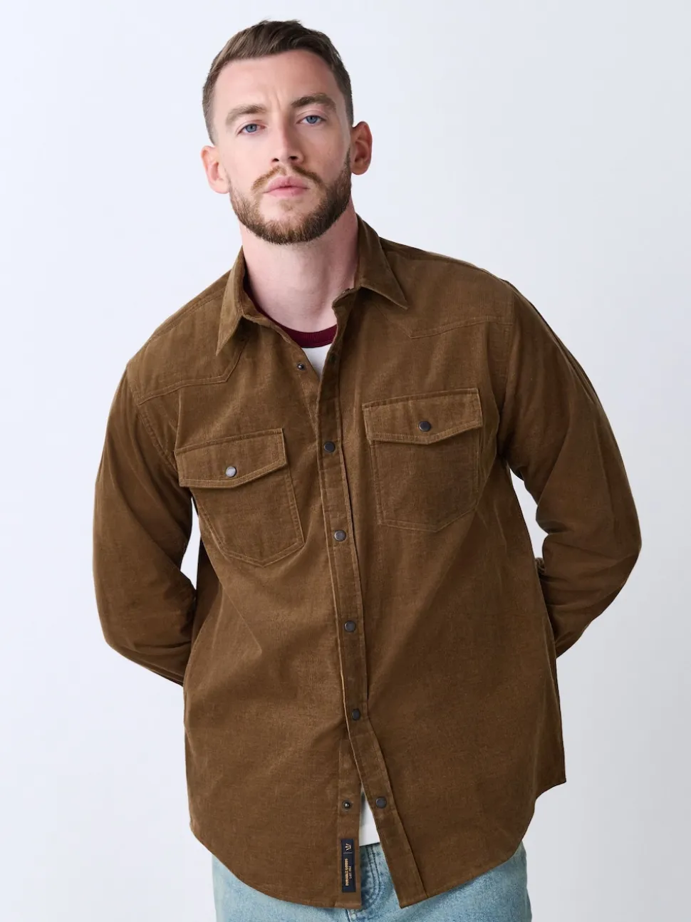 Tan Brown Western Styling Long Sleeve Cord Shirt