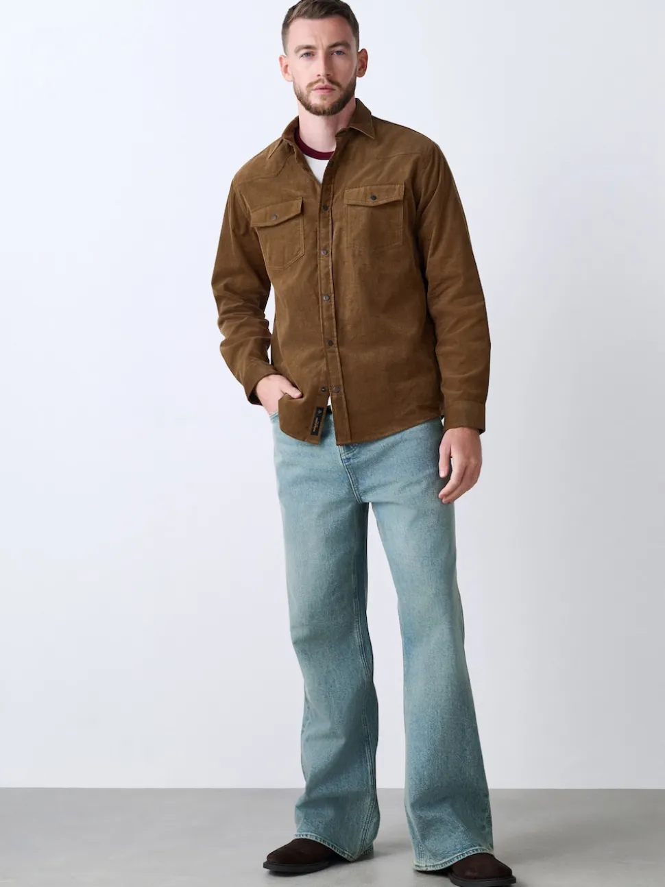Tan Brown Western Styling Long Sleeve Cord Shirt