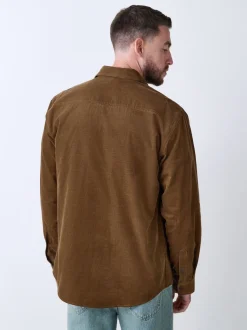 Tan Brown Western Styling Long Sleeve Cord Shirt