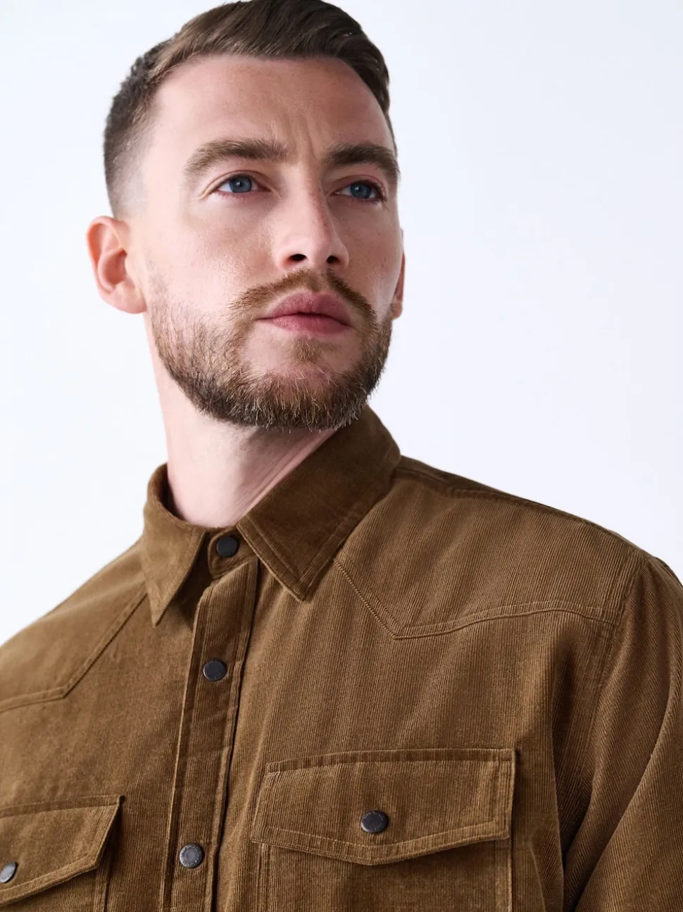 Tan Brown Western Styling Long Sleeve Cord Shirt