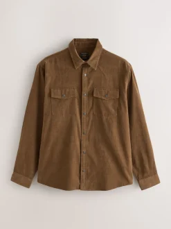 Tan Brown Western Styling Long Sleeve Cord Shirt