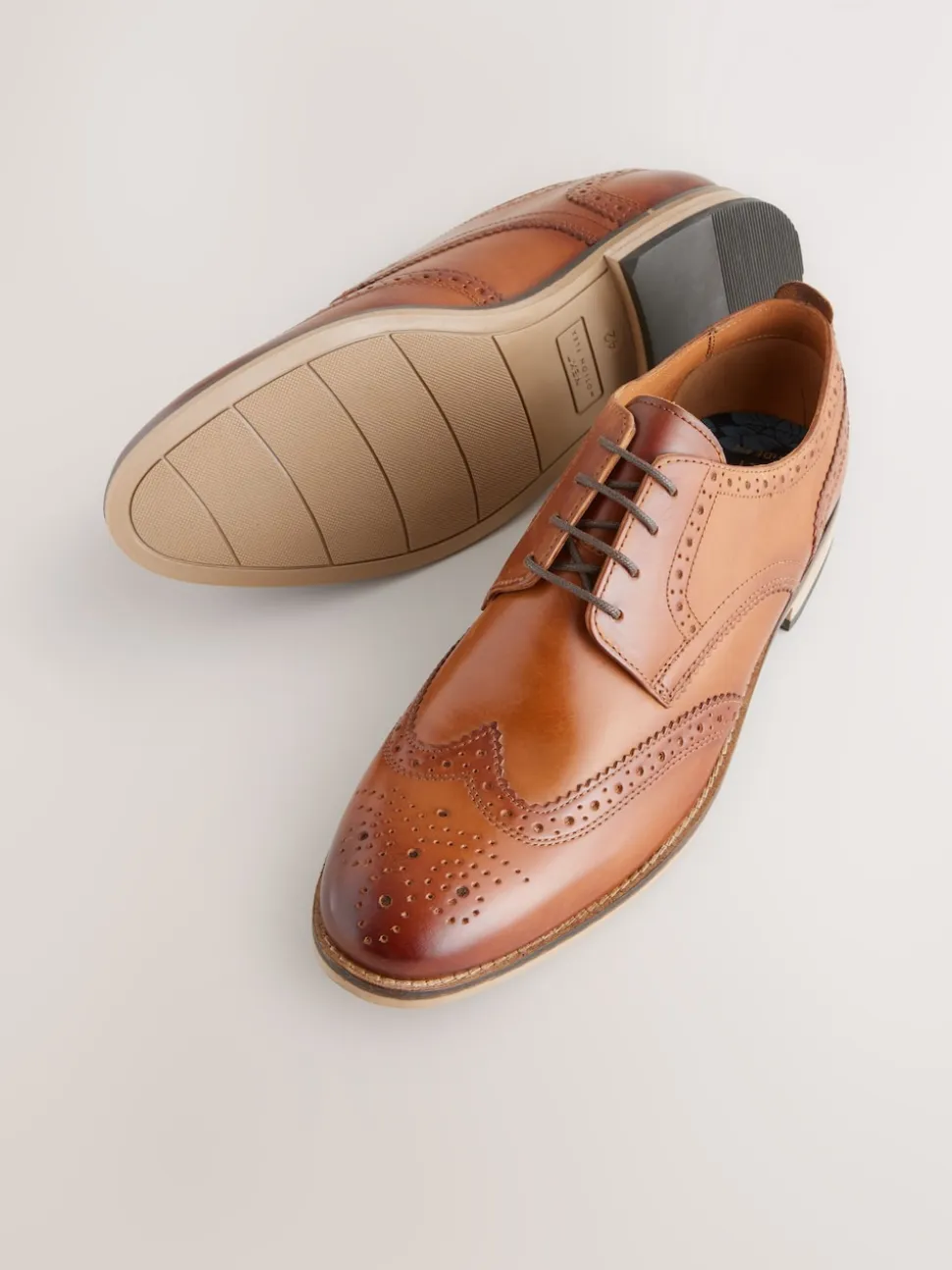 Tan Brown Wide Fit Leather Contrast Sole Brogue Shoes