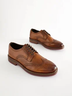 Tan Brown Wide Fit Leather Contrast Sole Chunky Brogues Shoes