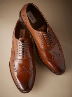 Tan Brown Wide Fit Signature Italian Leather Wingcap Brogue Shoes