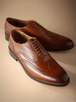 Tan Brown Wide Fit Signature Italian Leather Wingcap Brogue Shoes