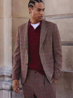 Tan/Red Slim Fit Wool Blend Check Suit Jacket