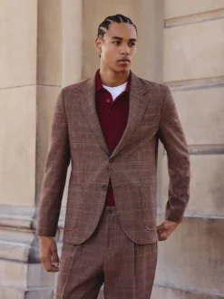 Tan/Red Slim Fit Wool Blend Check Suit Jacket