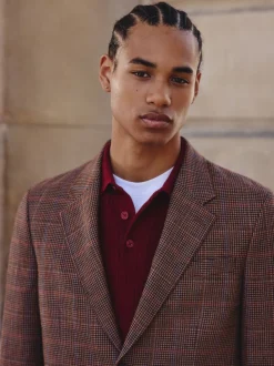 Tan/Red Slim Fit Wool Blend Check Suit Jacket