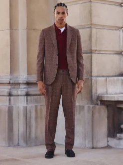 Tan/Red Slim Fit Wool Blend Check Suit Trousers