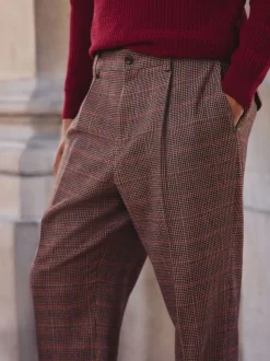 Tan/Red Slim Fit Wool Blend Check Suit Trousers