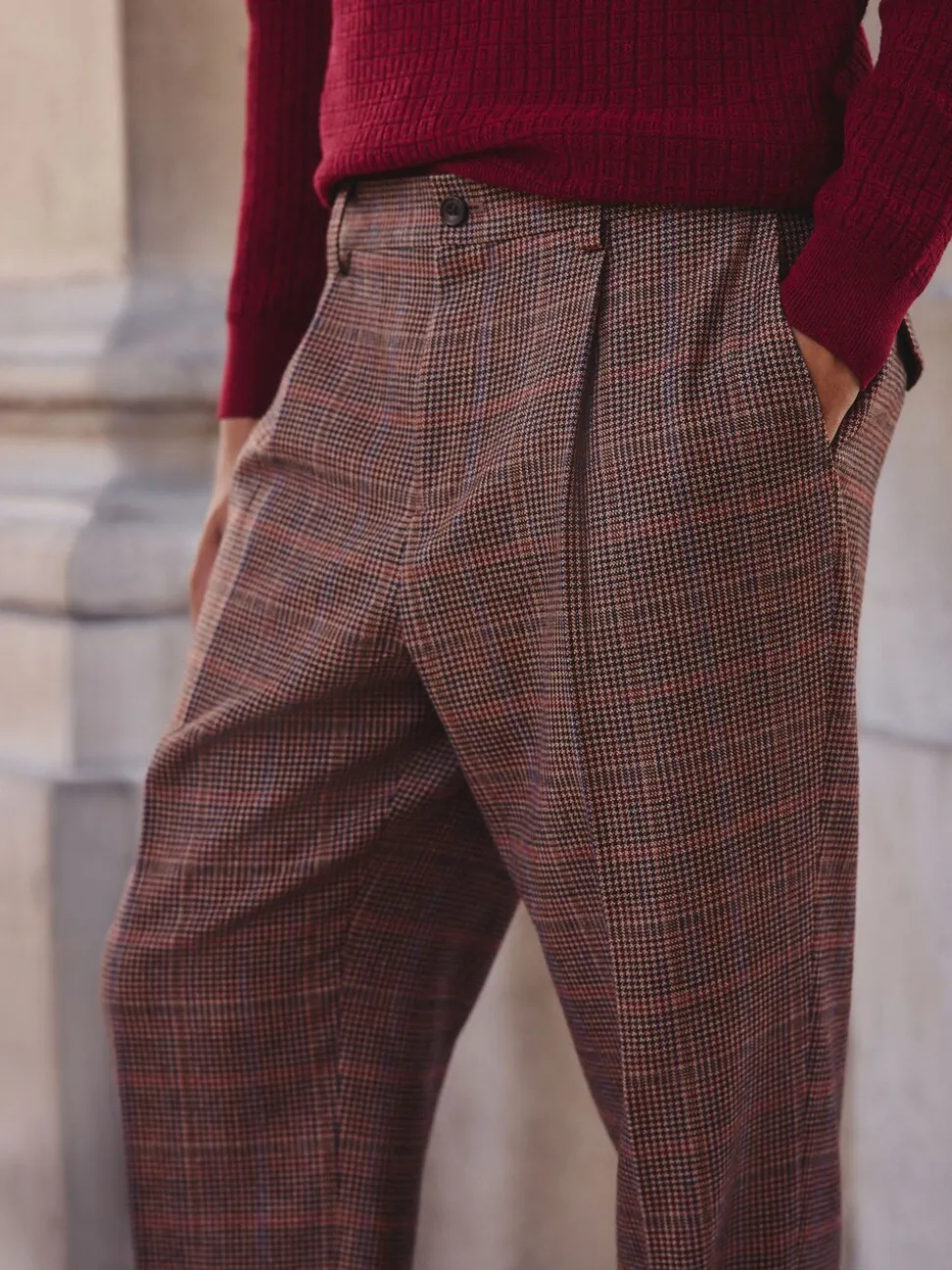 Tan/Red Slim Fit Wool Blend Check Suit Trousers