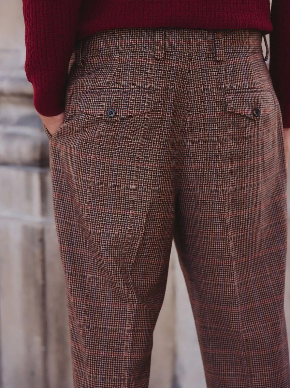 Tan/Red Slim Fit Wool Blend Check Suit Trousers