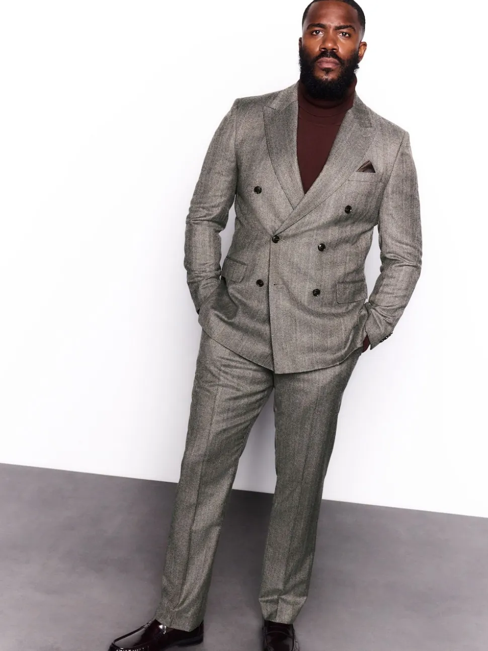 Taupe Brown Double Breasted Signature Marzotto 100% Italian Wool Herringbone Suit Jacket
