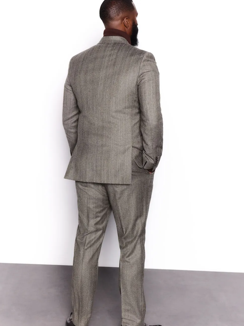 Taupe Brown Double Breasted Signature Marzotto 100% Italian Wool Herringbone Suit Jacket