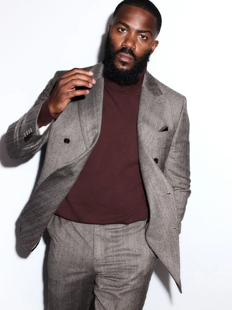 Taupe Brown Double Breasted Signature Marzotto 100% Italian Wool Herringbone Suit Jacket