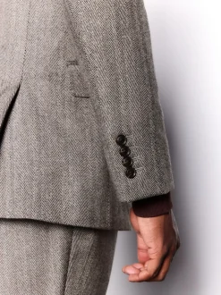 Taupe Brown Double Breasted Signature Marzotto 100% Italian Wool Herringbone Suit Jacket