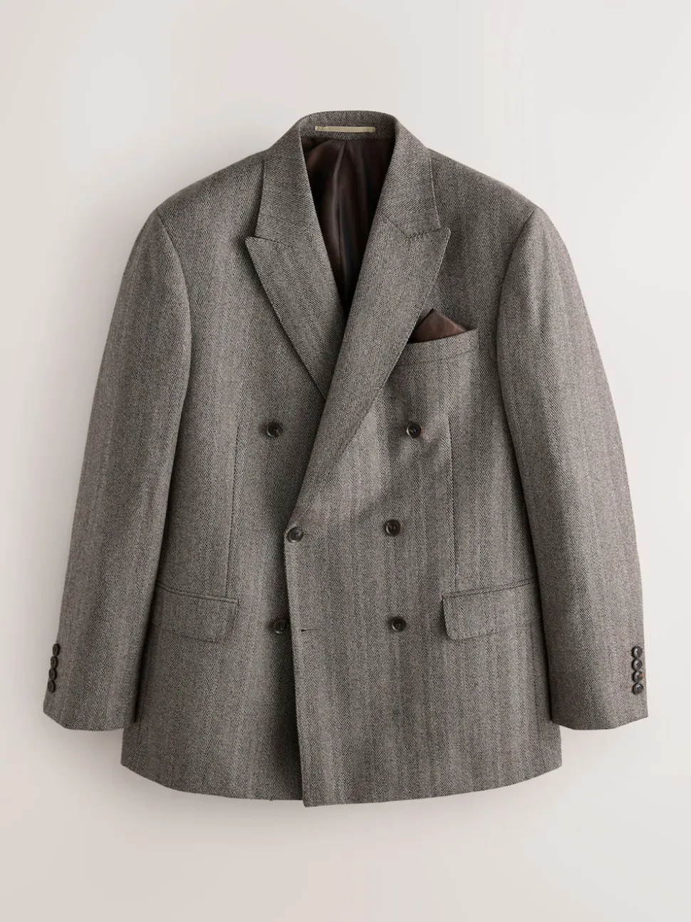 Taupe Brown Double Breasted Signature Marzotto 100% Italian Wool Herringbone Suit Jacket
