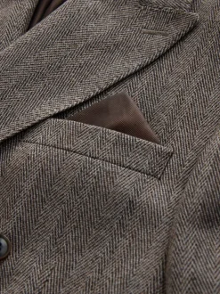 Taupe Brown Double Breasted Signature Marzotto 100% Italian Wool Herringbone Suit Jacket