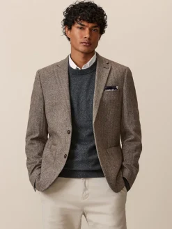 Taupe Regular Fit Wool Rich Herringbone Blazer