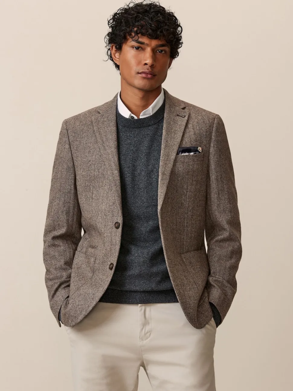 Taupe Regular Fit Wool Rich Herringbone Blazer