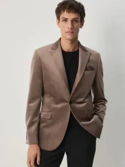 Taupe Slim Fit Self Lapel Velvet Blazer