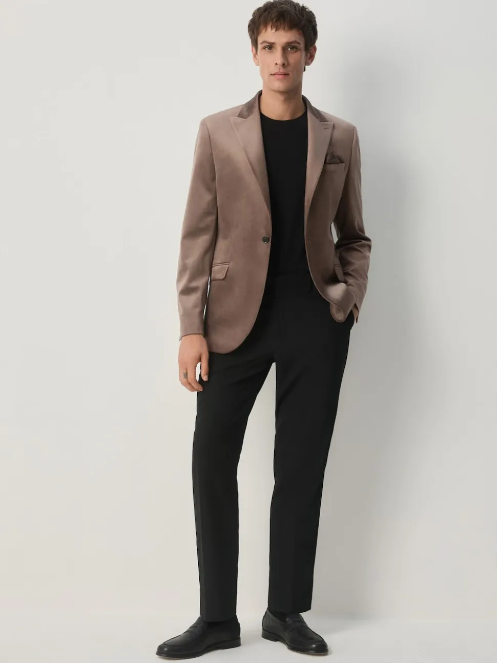Taupe Slim Fit Self Lapel Velvet Blazer