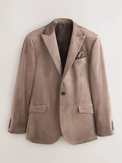 Taupe Slim Fit Self Lapel Velvet Blazer