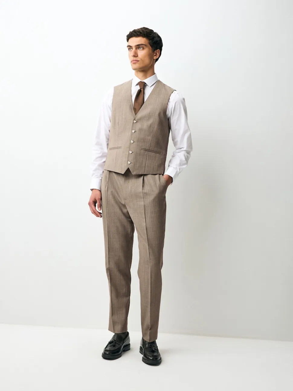 Taupe Striped Herringbone Suit Waistcoat