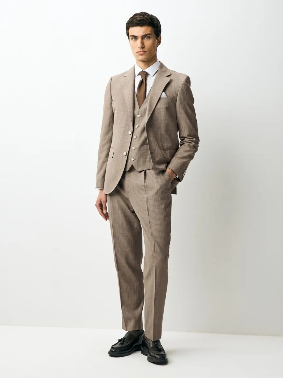 Taupe Striped Herringbone Suit Waistcoat