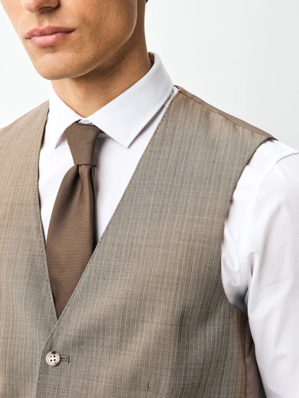 Taupe Striped Herringbone Suit Waistcoat